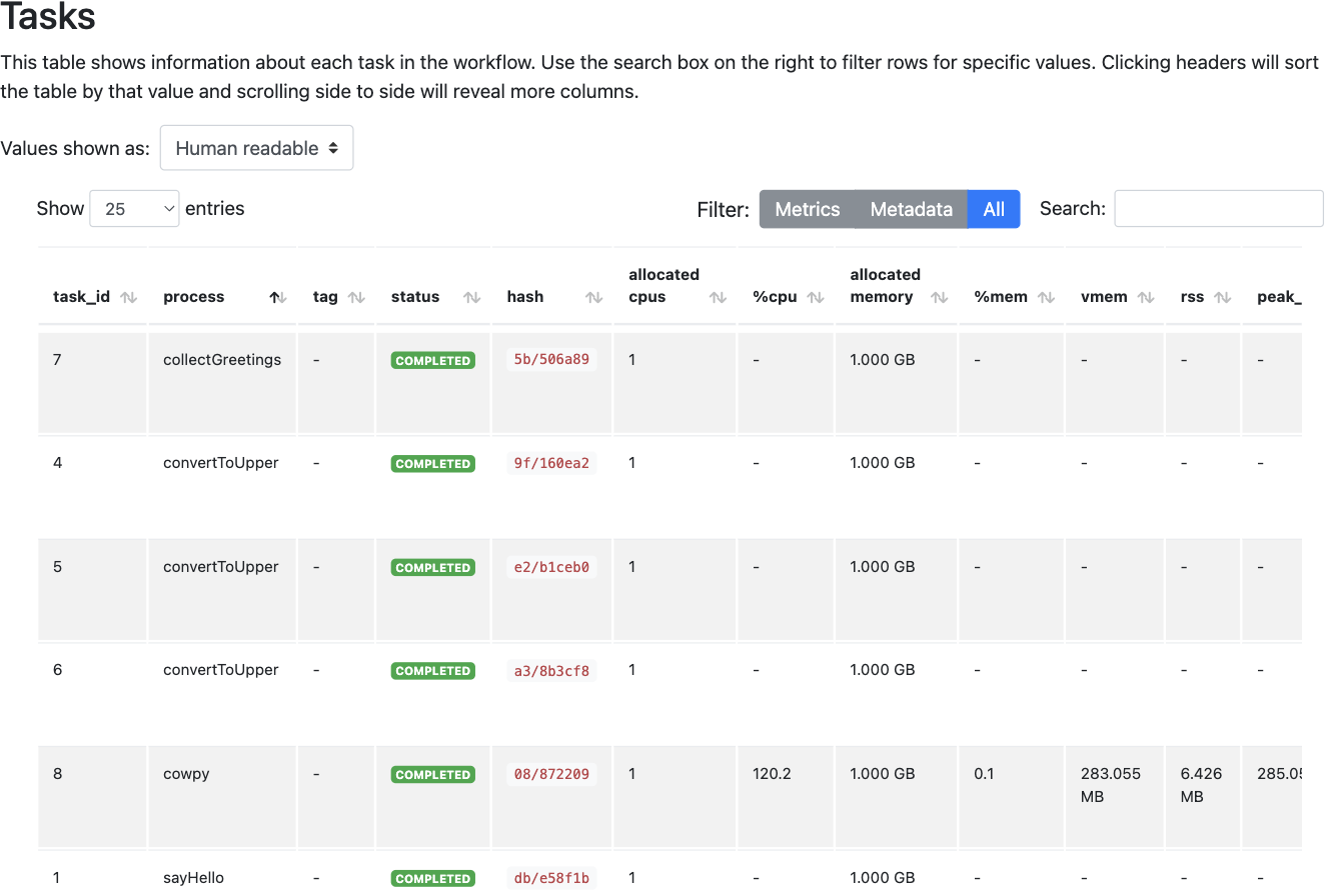 Execution report tasks table